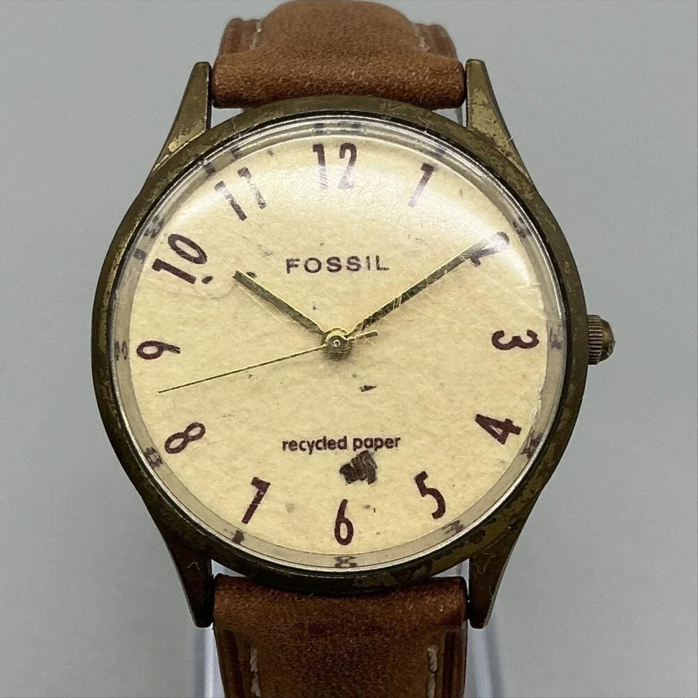 Fossil Unisex Watch 34mm Cream Recycled Paper Dial Brown Leather New Battery